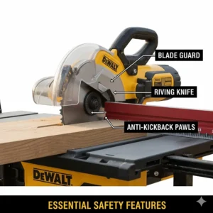 Detailed view of essential safety features including a riving knife, anti-kickback pawls, and blade guard.