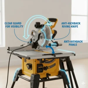 A breakdown of the blade guard system and riving knife on a heavy-duty jobsite table saw.