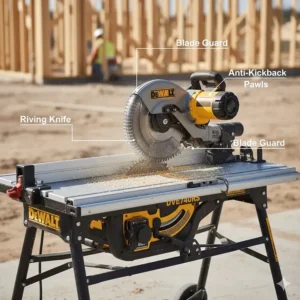 Essential safety components including a riving knife and anti-kickback pawls on a portable saw.