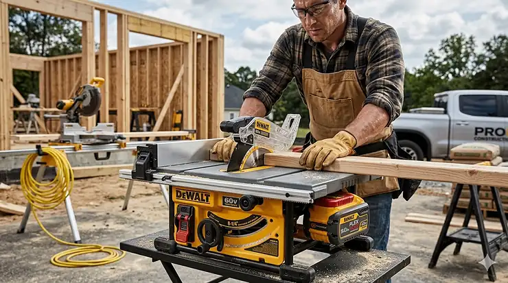 A professional 60V cordless table saw set up on a construction jobsite, featuring a high-capacity battery and a rip fence.