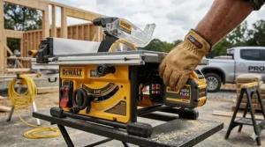 Close-up of a 60V lithium-ion battery being inserted into a cordless table saw.