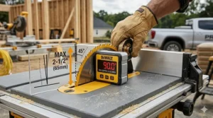 A technical diagram showing the maximum cutting depth of a 60V cordless table saw at a 90-degree angle.