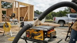 A 60V cordless table saw connected to a vacuum extractor system for a clean workspace.