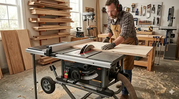 A high-performance contractor table saw with a 10-inch blade set up in a woodworking shop. contractor table saw under 800