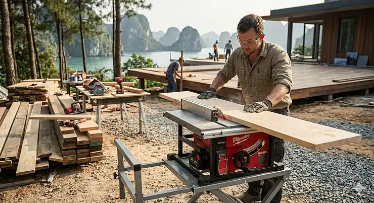A photorealistic image of a carpenter using a battery-powered table saw outdoors for cutting lumber at a construction site without electrical outlets. cordless table saw