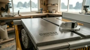 A smooth cast-iron tabletop of a contractor saw providing a stable and flat cutting surface.