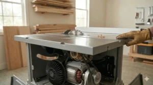 A precision-ground cast iron table top on a contractor saw for stable wood cutting.