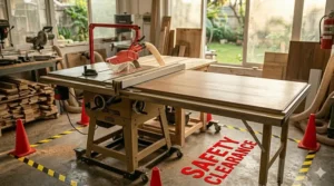 Wide-angle photorealistic illustration showing safety clearance zones, hazard tape, and an overhead blade guard system around a contractor table saw setup.