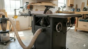 Lightweight contractor table saw with a folding mobile stand and wheels for job site portability.