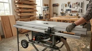 Close-up of a contractor table saw fence showing a wide rip capacity for plywood.