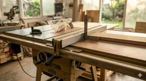 A high-precision, heavy-duty rip fence from a contractor table saw locked and aligned across a smooth wood extension table.