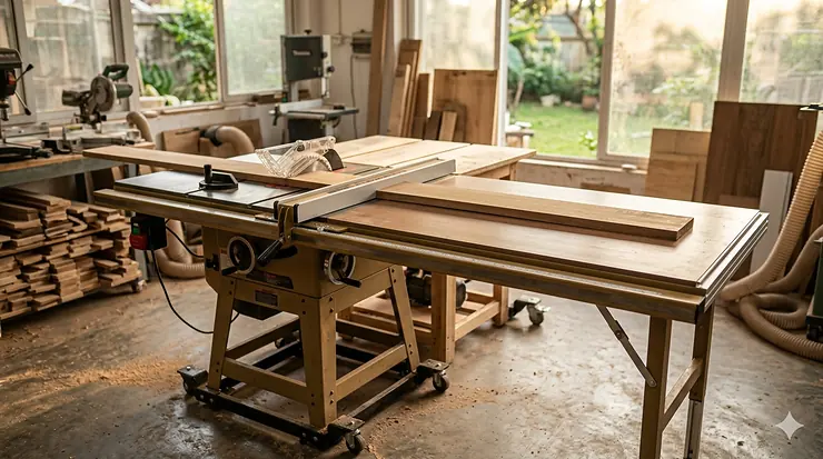 A detailed, professional-grade contractor table saw with an extended side table and a wide rip fence in a well-lit woodworking shop. contractor table saw with extension table