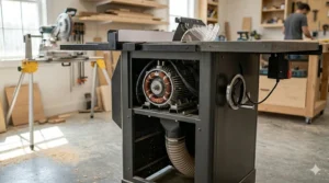 Illustration showing the external motor of a contractor saw versus the enclosed motor of a hybrid table saw.