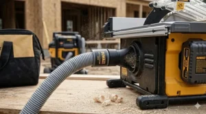 Illustration of the dust collection port on a cordless table saw connected to a vacuum hose.