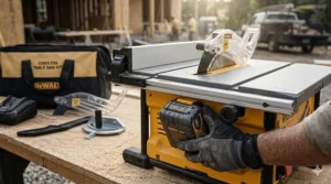 Close-up of a lithium-ion battery being inserted into a cordless table saw kit.