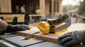 Illustration showing the bevel adjustment knob for making precise angled cuts with a cordless saw.