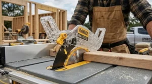 Illustration of the anti-kickback pawls and blade guard assembly on a 60V cordless table saw.