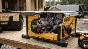 Cutaway illustration of a high-torque brushless motor inside a cordless table saw for increased runtime.