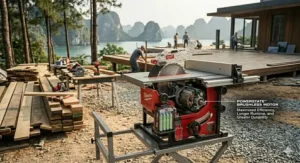 A detailed technical diagram inset showing the compact and powerful POWERSTATE™ brushless motor structure, internal windings, and electronics inside a battery-powered Milwaukee cordless table saw, set on an outdoor construction jobsite.