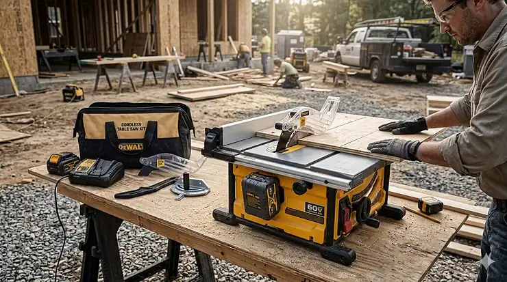 A complete cordless table saw kit including the 10-inch saw, two high-capacity batteries, and a fast charger on a construction jobsite.