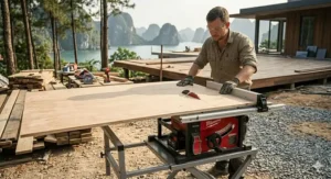 A detailed illustration of the high-capacity Milwaukee cordless table saw cutting a wide sheet of plywood, demonstrating its substantial rip fence capacity on an outdoor jobsite.