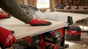 A Milwaukee cordless table saw cutting through a large sheet of plywood on a construction site.