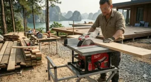 A detailed illustration of the specialized Milwaukee cordless table saw highlighting its primary safety features: the polycarbonate blade guard and anti-kickback pawls fully installed while cutting lumber on an outdoor jobsite.