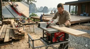 A detailed top-down close-up inset showing the black plastic riving knife positioned precisely behind the blade within the thin kerf of light-colored unfinished lumber while cutting on an outdoor jobsite, emphasizing its critical anti-kickback function on a Milwaukee cordless table saw.