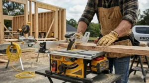 A 60V cordless table saw easily cutting through thick oak hardwood planks without a power cord.