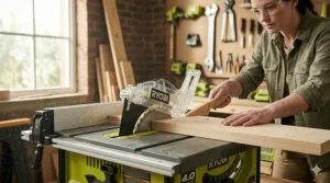 A DIYer using a Ryobi cordless table saw to make a clean cross-cut through a pine board.