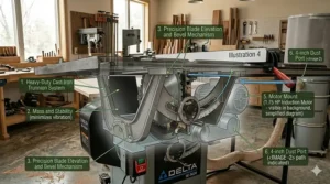 Detailed view of the heavy-duty cast iron trunnion used for blade stability in Delta contractor models.