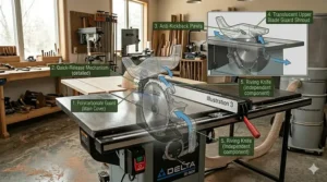 Illustration of the quick-release blade guard and riving knife system on a Delta contractor saw.