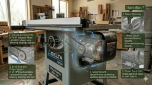 Illustration of the 1.75 HP induction motor housing found on modern Delta contractor-grade saws.