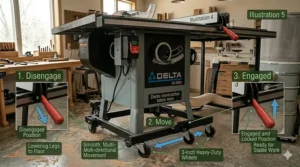 Illustration of a Delta contractor table saw mounted on a locking universal mobile base for workshop portability.
