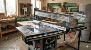 Close-up illustration showing how to align the T-square fence on a Delta contractor table saw for precise cuts.