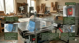 Close-up of the oversized easy-access power paddle switch on a Delta contractor saw for emergency stops.