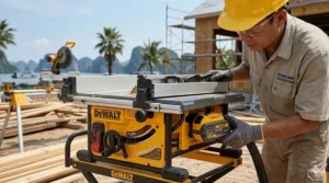 An up-close view showing the bright yellow 60V MAX* FLEXVOLT battery pack sliding securely into the side receptacle of the table saw.