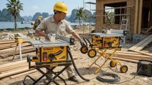 A comparison illustration showcasing the standard compact footprint and runtime efficiency of the DEWALT cordless table saw against a traditional corded model.