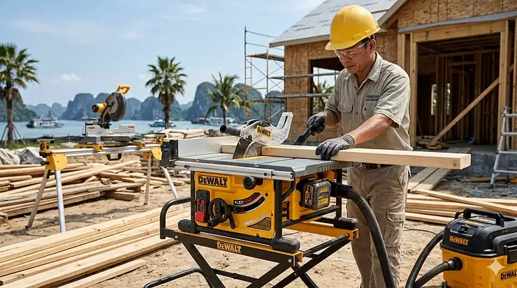 A DeWalt 60V MAX cordless table saw featuring the FlexVolt battery system on a professional job site. dewalt cordless table saw