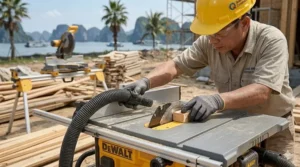 Connecting a dust extractor vacuum to the port of a DeWalt cordless table saw for a clean workspace.