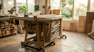 Close-up photorealistic illustration of the complex folding and locking hinge mechanism used on a contractor table saw extension table.