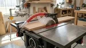 Diagram highlighting the superior internal dust collection cabinet of a hybrid saw compared to an open contractor saw base.