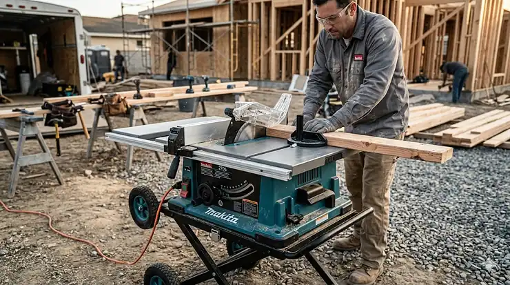 A Makita jobsite table saw mounted on a folding wheeled stand in a professional construction setting.