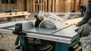 The modular blade guard and riving knife assembly on a Makita jobsite table saw.
