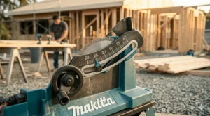 Adjusting the blade angle on the Makita jobsite table saw bevel scale for miter cuts.
