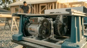 A Makita jobsite table saw equipped with a dado throat plate for specialized woodworking.
