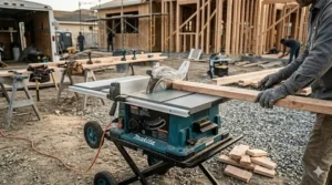 Close-up of the Makita jobsite table saw fence being adjusted for a wide rip cut.