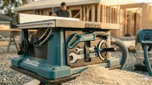 Integrated on-board storage for the push stick and wrenches on a Makita jobsite table saw.