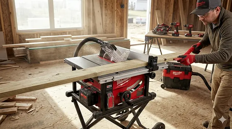 A Milwaukee M18 FUEL 8-1/4 inch cordless table saw with a battery pack installed, ready for jobsite use. milwaukee cordless table saw