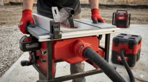 The dust port of a Milwaukee table saw connected to a vacuum hose for a clean workspace.